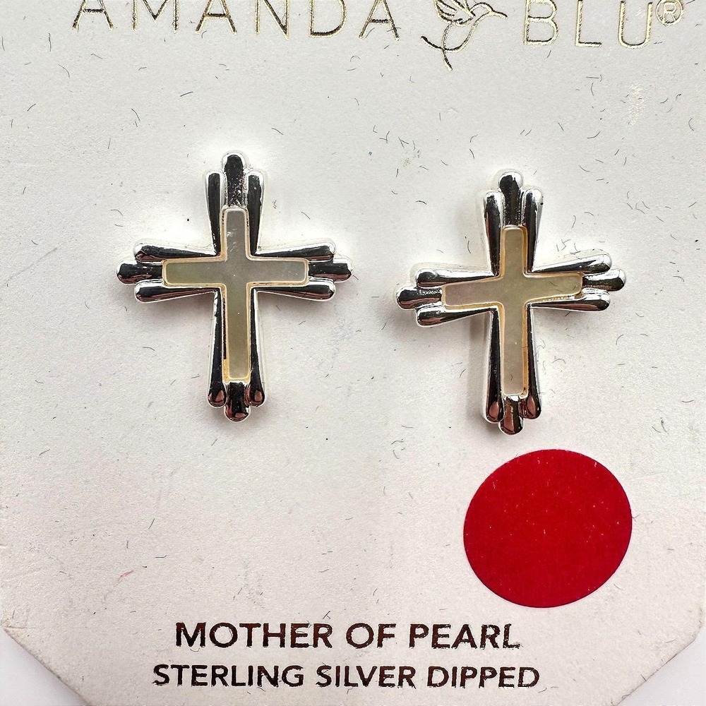 Vintage 90s Amanda Blu Silver Tone Cross Earrings Mother of Pearl Religious